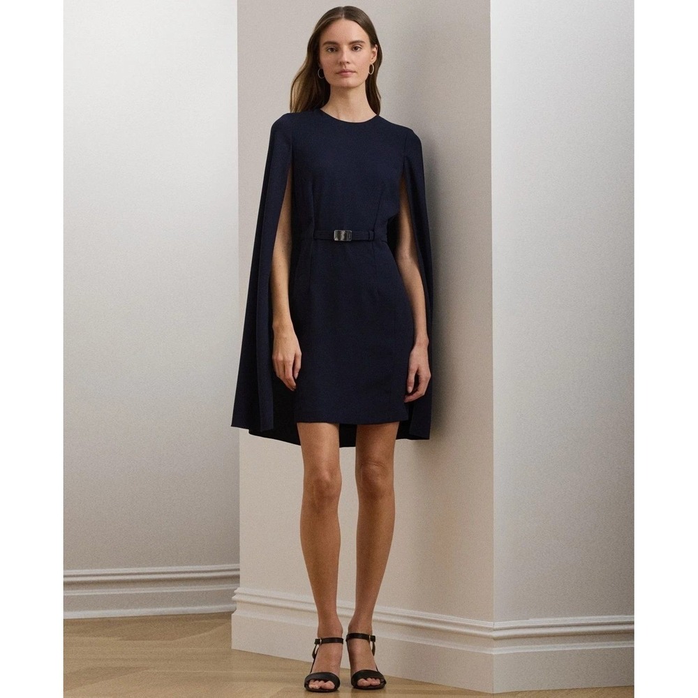 LRL Ralph Lauren Georgette Cape Dress Womens 16 Black Boat Neck Split Sleeve NWT